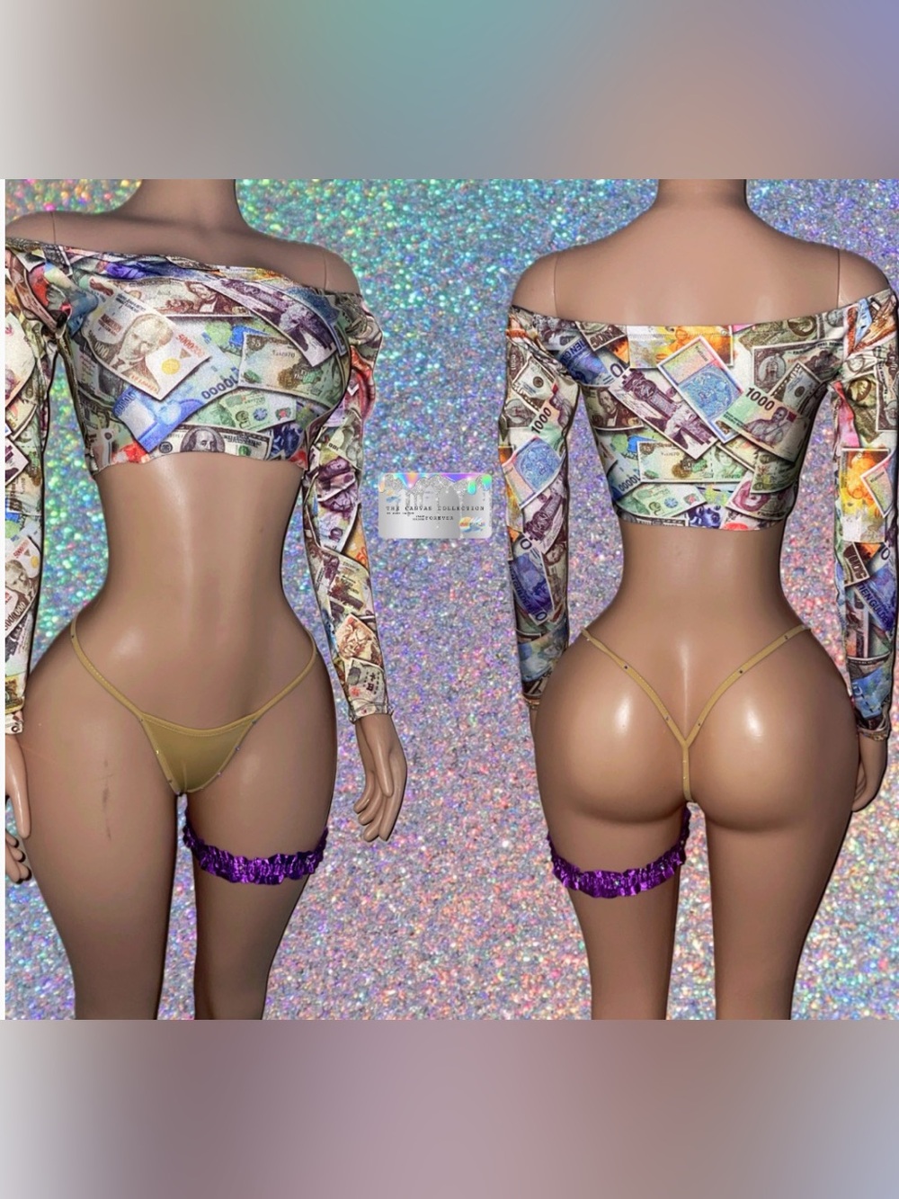 EXOTIC DANCEWEAR: Money Print 3 piece set with rhinestones & pasties